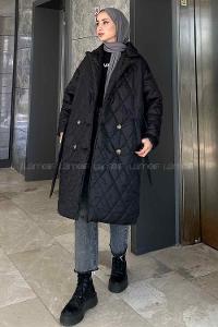 Lamelif Bağlama Detaylı Kapitone Mont Siyah