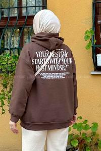 Lamelif Arka Ve Yaka Baskı Detaylı Sweatshirt Acı Kahve