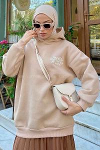 Lamelif Arka Ve Yaka Baskı Detaylı Sweatshirt Sütlü Kahve