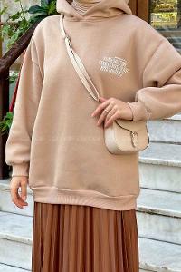 Lamelif Arka Ve Yaka Baskı Detaylı Sweatshirt Sütlü Kahve