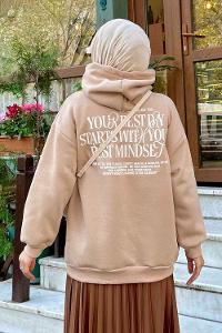 Lamelif Arka Ve Yaka Baskı Detaylı Sweatshirt Sütlü Kahve