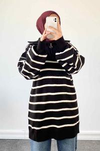 Black White Zippered Neck Balloon Sleeve Arm Jumper