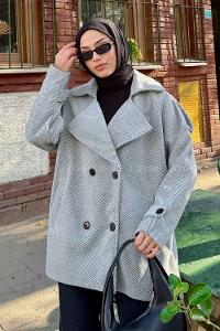 Gray V Neck Long Arm Stamp Fabric Coat