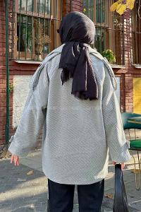 Gray V Neck Long Arm Stamp Fabric Coat