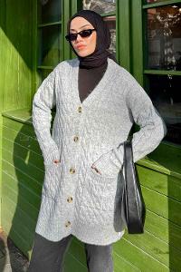Lamelif Örgü detaylı Hırka Gri