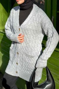 Lamelif Örgü detaylı Hırka Gri