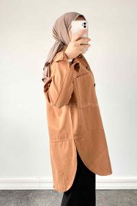 Brown With Milk Shirt Collar Long Arm Cotton Fabric Jacket