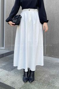 Lamelif Cep Detaylı Kloş Keten Etek Beyaz