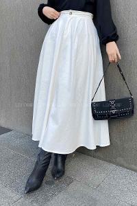 Lamelif Cep Detaylı Kloş Keten Etek Beyaz