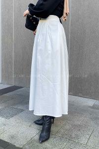 Lamelif Cep Detaylı Kloş Keten Etek Beyaz