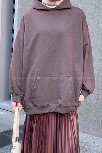 Lamelif Kapüşon Detaylı Kanguru Cep Sweatshirt Kahverengi