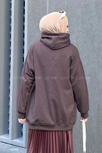 Lamelif Kapüşon Detaylı Kanguru Cep Sweatshirt Kahverengi