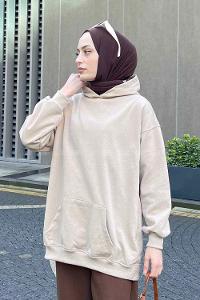 Lamelif Kapüşon Detaylı Kanguru Cep Sweatshirt Vizonrengi