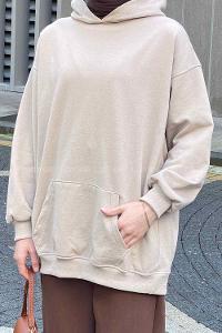 Lamelif Kapüşon Detaylı Kanguru Cep Sweatshirt Vizonrengi