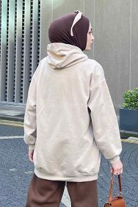 Lamelif Kapüşon Detaylı Kanguru Cep Sweatshirt Vizonrengi