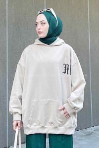 Beige Hood Neck Long Arm Printed Sweatshirt