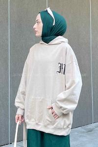 Beige Hood Neck Long Arm Printed Sweatshirt