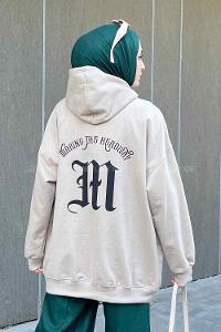 Beige Hood Neck Long Arm Printed Sweatshirt