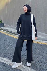 Black Choker Neck Long Arm Without Accessories Knitwear Regular Trousers Comfortable Suit