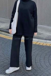 Black Choker Neck Long Arm Without Accessories Knitwear Regular Trousers Comfortable Suit