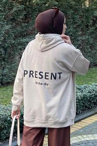 Lamelif Present Baskı Detaylı Sweatshirt Bej