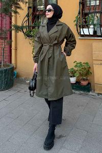 Lamelif Balon Kol Kuşaklı Trençkot Haki