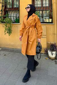 Lamelif Balon Kol Kuşaklı Trençkot Hardal Sarısı