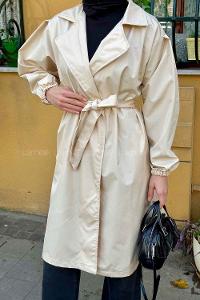 Lamelif Balon Kol Kuşaklı Trençkot Krem