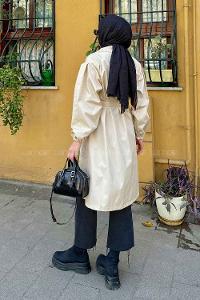 Lamelif Balon Kol Kuşaklı Trençkot Krem