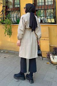 Lamelif Balon Kol Kuşaklı Trençkot Taş