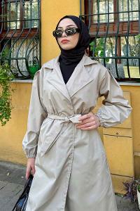 Lamelif Balon Kol Kuşaklı Trençkot Taş