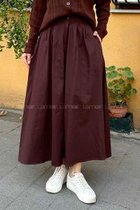Lamelif Cep Detaylı Kloş Keten Etek Acı Kahve