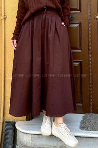 Lamelif Cep Detaylı Kloş Keten Etek Acı Kahve