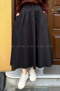 Lamelif Cep Detaylı Kloş Keten Etek Siyah