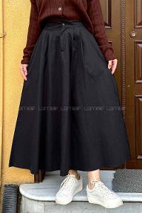 Lamelif Cep Detaylı Kloş Keten Etek Siyah