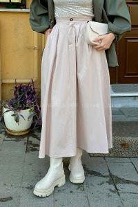 Lamelif Cep Detaylı Kloş Keten Etek Taş Rengi