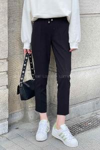 Black Crepe Fabric Elastic Waist Material Pants