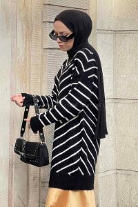 Lamelif Zikzak Desenli Yumoş Tunik Siyah