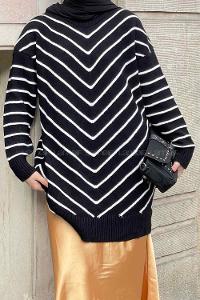 Lamelif Zikzak Desenli Yumoş Tunik Siyah