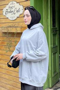 Lamelif Kapüşon Detaylı Kanguru Cep Sweatshirt Gri