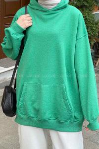 Lamelif Kapüşon Detaylı Kanguru Cep Sweatshirt Yeşil