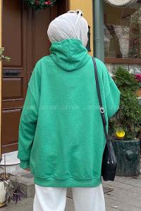 Lamelif Kapüşon Detaylı Kanguru Cep Sweatshirt Yeşil
