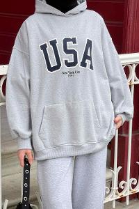 Lamelif Usa Baskılı Sweatshirt Gri