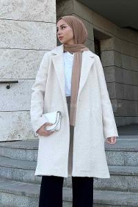 Ecru Lower V Neck Long Arm Wool Coat