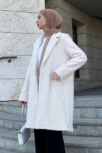 Ecru Lower V Neck Long Arm Wool Coat