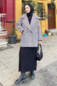 Black Normal Neck Long Arm Herringbone Coat