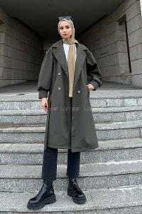 Khaki Balloon Sleeve Arm Belted Cotton Trench Coat