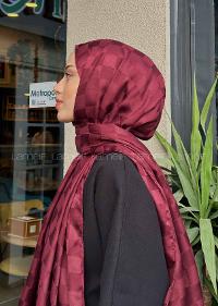Lamelif Dama Desen Jakar Şal Koyu Bordo