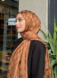 Lamelif Dama Desen Jakar Şal Sütlü Kahve