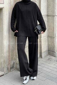 Black Choker Neck Long Arm Without Accessories Knitwear Regular Trousers Comfortable Suit